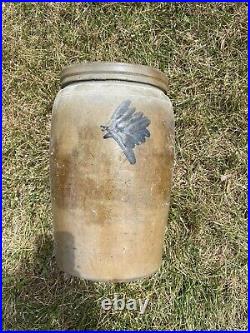 1800's American Blue Decorated Crock Salt Glaze Stoneware Century 13 1/2x 8