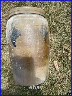 1800's American Blue Decorated Crock Salt Glaze Stoneware Century 13 1/2x 8