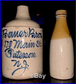 1800's SCRIPT STONEWARE POTTERY PATTERSON 2 JUGs NJ Main Street Baner Bros Beer