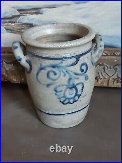 1800s ANTIQUE STONEWARE CROCK COBALT BLUE POTTERY JAR PRIMITIVE SALT GLAZED