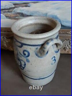 1800s ANTIQUE STONEWARE CROCK COBALT BLUE POTTERY JAR PRIMITIVE SALT GLAZED