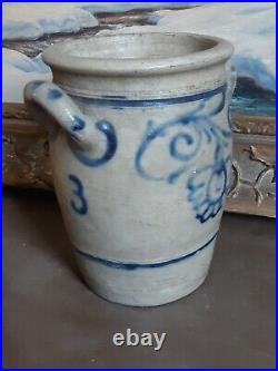 1800s ANTIQUE STONEWARE CROCK COBALT BLUE POTTERY JAR PRIMITIVE SALT GLAZED