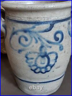 1800s ANTIQUE STONEWARE CROCK COBALT BLUE POTTERY JAR PRIMITIVE SALT GLAZED