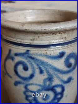 1800s ANTIQUE STONEWARE CROCK COBALT BLUE POTTERY JAR PRIMITIVE SALT GLAZED