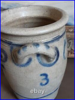 1800s ANTIQUE STONEWARE CROCK COBALT BLUE POTTERY JAR PRIMITIVE SALT GLAZED