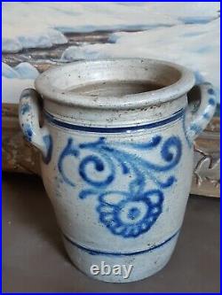 1800s ANTIQUE STONEWARE CROCK COBALT BLUE POTTERY JAR PRIMITIVE SALT GLAZED