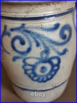 1800s ANTIQUE STONEWARE CROCK COBALT BLUE POTTERY JAR PRIMITIVE SALT GLAZED