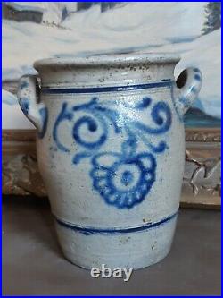 1800s ANTIQUE STONEWARE CROCK COBALT BLUE POTTERY JAR PRIMITIVE SALT GLAZED