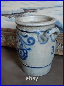 1800s ANTIQUE STONEWARE CROCK COBALT BLUE POTTERY JAR PRIMITIVE SALT GLAZED