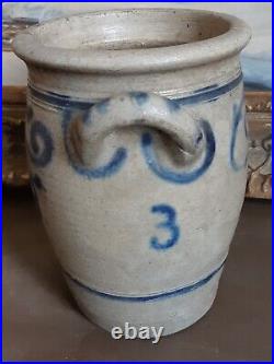 1800s ANTIQUE STONEWARE CROCK COBALT BLUE POTTERY JAR PRIMITIVE SALT GLAZED