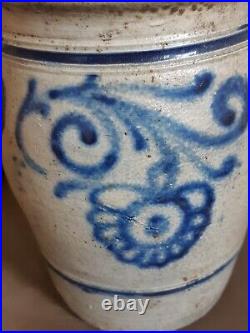 1800s ANTIQUE STONEWARE CROCK COBALT BLUE POTTERY JAR PRIMITIVE SALT GLAZED