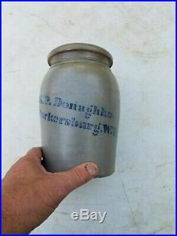 1800s A. P. Donaghho 8 Gray Salt Glaze Stoneware Crock Wax Jar Parkersburg, W. VA