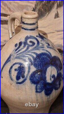 1850 Large 2g Antique Stoneware Cobalt Blue Flower Ovoid Jug Jar Primitive Crock