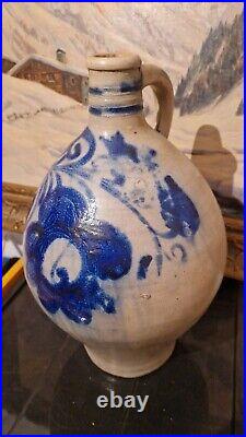 1850 Large 2g Antique Stoneware Cobalt Blue Flower Ovoid Jug Jar Primitive Crock