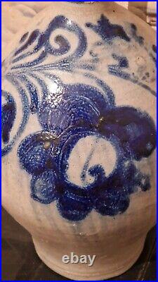 1850 Large 2g Antique Stoneware Cobalt Blue Flower Ovoid Jug Jar Primitive Crock