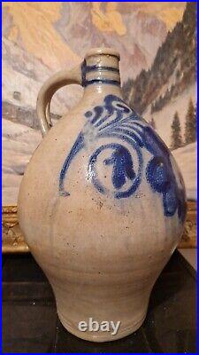 1850 Large 2g Antique Stoneware Cobalt Blue Flower Ovoid Jug Jar Primitive Crock