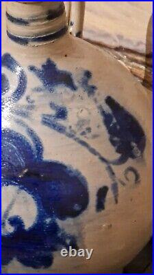 1850 Large 2g Antique Stoneware Cobalt Blue Flower Ovoid Jug Jar Primitive Crock