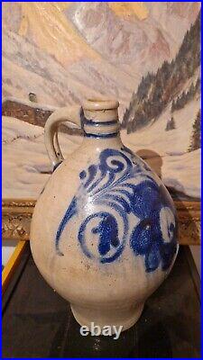 1850 Large 2g Antique Stoneware Cobalt Blue Flower Ovoid Jug Jar Primitive Crock