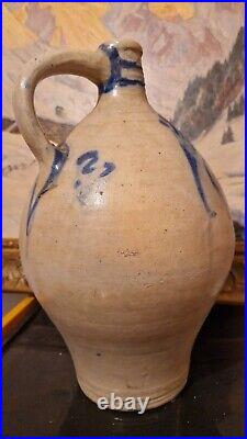 1850 Large 2g Antique Stoneware Cobalt Blue Flower Ovoid Jug Jar Primitive Crock