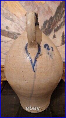 1850 Large 2g Antique Stoneware Cobalt Blue Flower Ovoid Jug Jar Primitive Crock