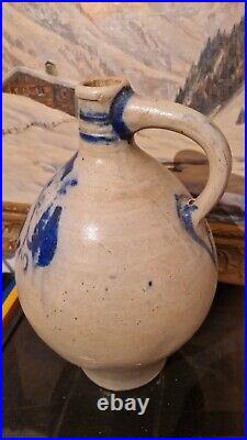 1850 Large 2g Antique Stoneware Cobalt Blue Flower Ovoid Jug Jar Primitive Crock