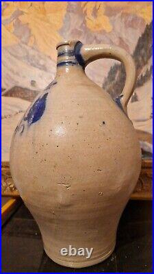 1850 Large 2g Antique Stoneware Cobalt Blue Flower Ovoid Jug Jar Primitive Crock