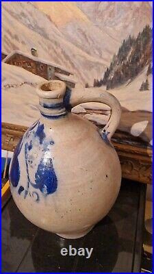 1850 Large 2g Antique Stoneware Cobalt Blue Flower Ovoid Jug Jar Primitive Crock