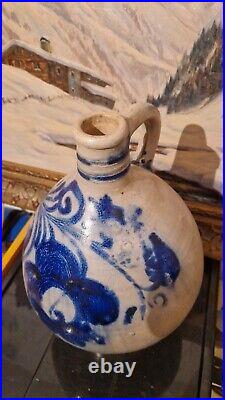 1850 Large 2g Antique Stoneware Cobalt Blue Flower Ovoid Jug Jar Primitive Crock