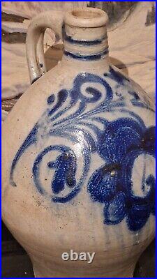 1850 Large 2g Antique Stoneware Cobalt Blue Flower Ovoid Jug Jar Primitive Crock