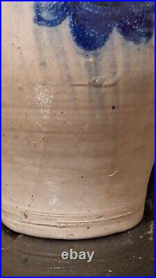 1850 Large 2g Antique Stoneware Cobalt Blue Flower Ovoid Jug Jar Primitive Crock