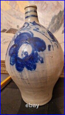 1850 Large 2g Antique Stoneware Cobalt Blue Flower Ovoid Jug Jar Primitive Crock