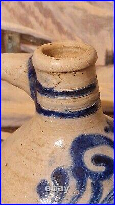 1850 Large 2g Antique Stoneware Cobalt Blue Flower Ovoid Jug Jar Primitive Crock