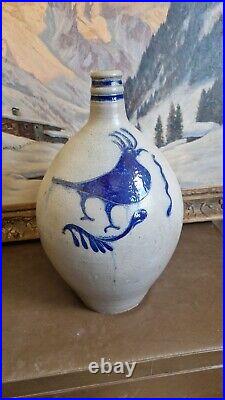 1850 Large Antique Stoneware Cobalt Blue Bird Ovoid Jug 17 Tall Primitive 3 Gal