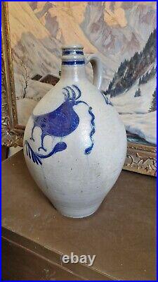 1850 Large Antique Stoneware Cobalt Blue Bird Ovoid Jug 17 Tall Primitive 3 Gal