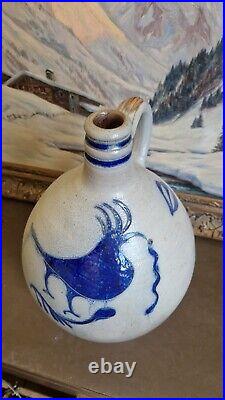 1850 Large Antique Stoneware Cobalt Blue Bird Ovoid Jug 17 Tall Primitive 3 Gal