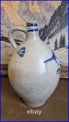 1850 Large Antique Stoneware Cobalt Blue Bird Ovoid Jug 17 Tall Primitive 3 Gal