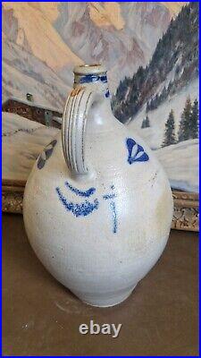 1850 Large Antique Stoneware Cobalt Blue Bird Ovoid Jug 17 Tall Primitive 3 Gal