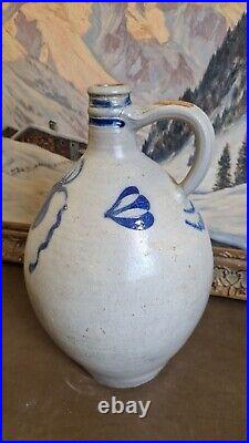 1850 Large Antique Stoneware Cobalt Blue Bird Ovoid Jug 17 Tall Primitive 3 Gal