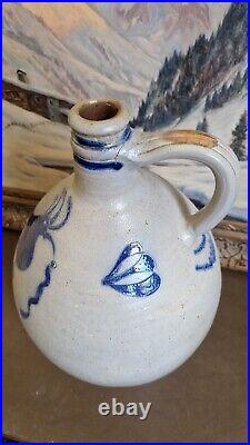 1850 Large Antique Stoneware Cobalt Blue Bird Ovoid Jug 17 Tall Primitive 3 Gal