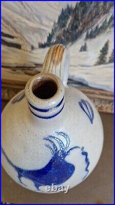 1850 Large Antique Stoneware Cobalt Blue Bird Ovoid Jug 17 Tall Primitive 3 Gal