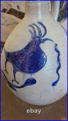 1850 Large Antique Stoneware Cobalt Blue Bird Ovoid Jug 17 Tall Primitive 3 Gal