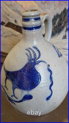 1850 Large Antique Stoneware Cobalt Blue Bird Ovoid Jug 17 Tall Primitive 3 Gal