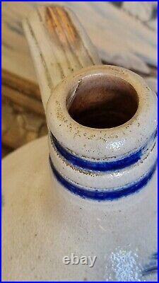 1850 Large Antique Stoneware Cobalt Blue Bird Ovoid Jug 17 Tall Primitive 3 Gal