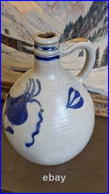 1850 Large Antique Stoneware Cobalt Blue Bird Ovoid Jug 17 Tall Primitive 3 Gal