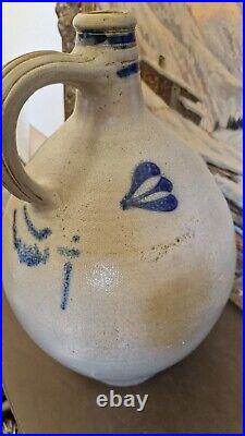 1850 Large Antique Stoneware Cobalt Blue Bird Ovoid Jug 17 Tall Primitive 3 Gal