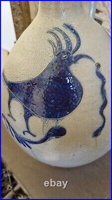 1850 Large Antique Stoneware Cobalt Blue Bird Ovoid Jug 17 Tall Primitive 3 Gal