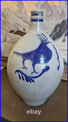 1850 Large Antique Stoneware Cobalt Blue Bird Ovoid Jug 17 Tall Primitive 3 Gal