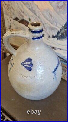 1850 Large Antique Stoneware Cobalt Blue Bird Ovoid Jug 17 Tall Primitive 3 Gal