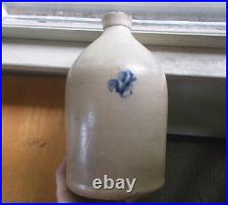 1870s SALT GLAZE 1 GALLON STONEWARE JUG WITH LITTLE COBALT FLOWER NICE