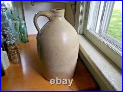 1870s SALT GLAZE 1 GALLON STONEWARE JUG WITH LITTLE COBALT FLOWER NICE